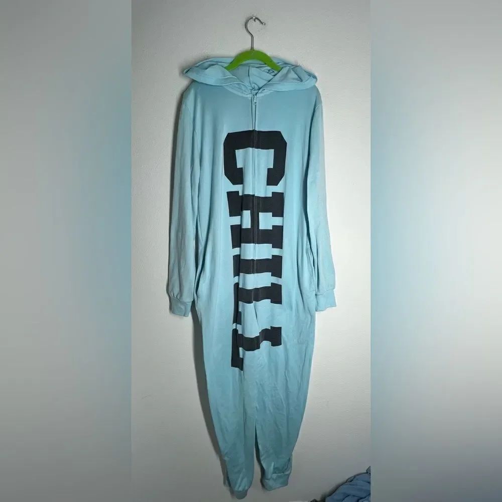 Tarea One Piece Pajamas CHILL Blue Black Knockout Hood Long Sleeve Womens Size M